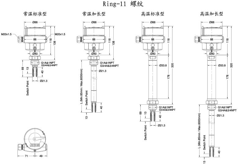 Ring-11音叉液位開關(guān)尺寸圖（螺紋）